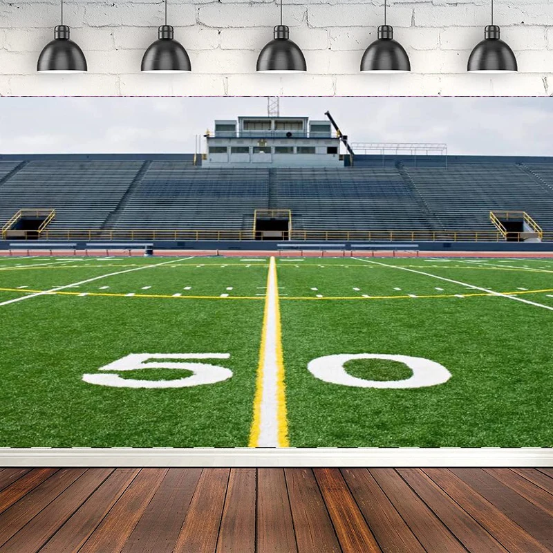 American Football Field Photography Backdrop Sports Stadium School Playground Fifty Yard Line with Empty Bleachers Background