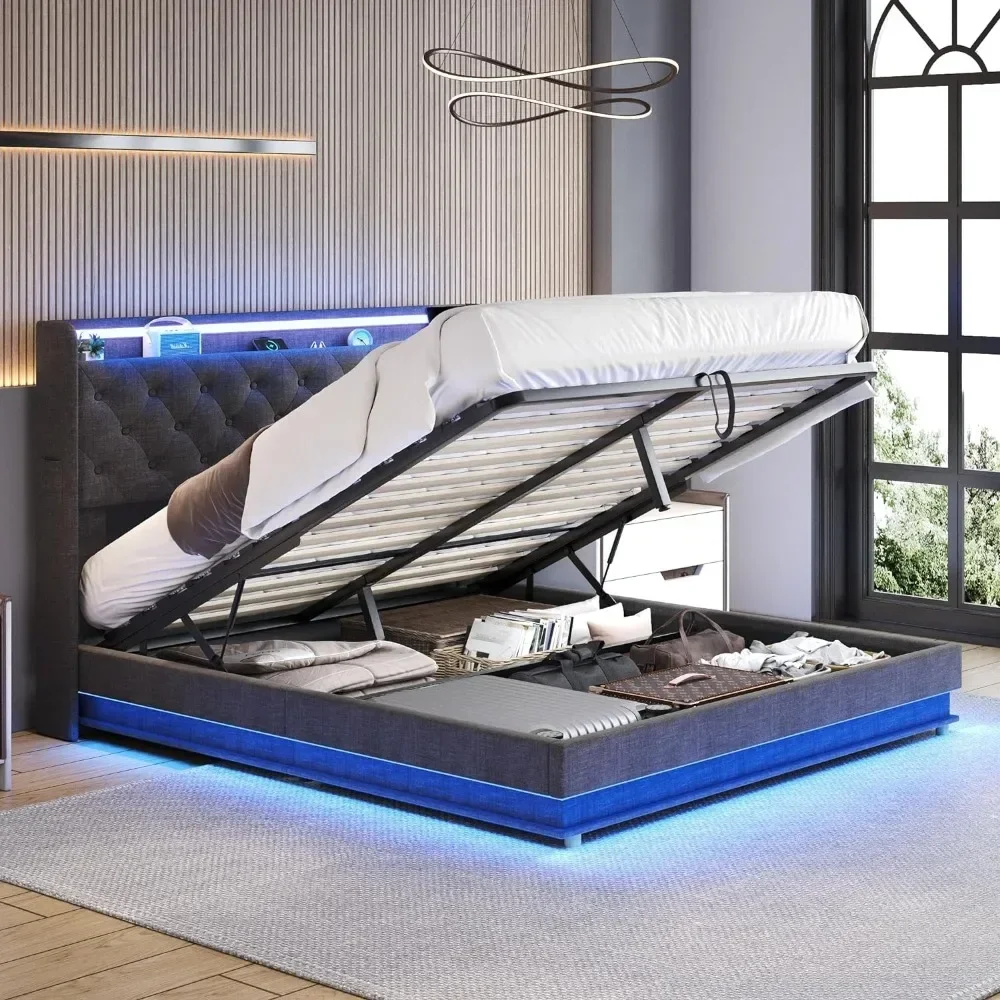 For Queen Size Bed Frame with Lift Up Storage, Upholstered Platform Bed with Charging Station&Led Lights, Queen Bed - view 3