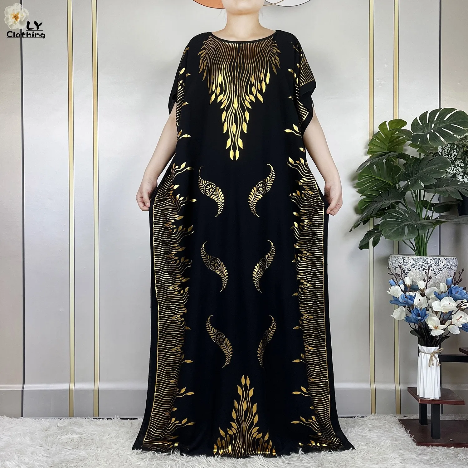 New African Summer Femme Short Sleeve Dress Cotton Gilding Dubai Kaftan Islam Women Dress With Big Scarf Loose Casual Clothes