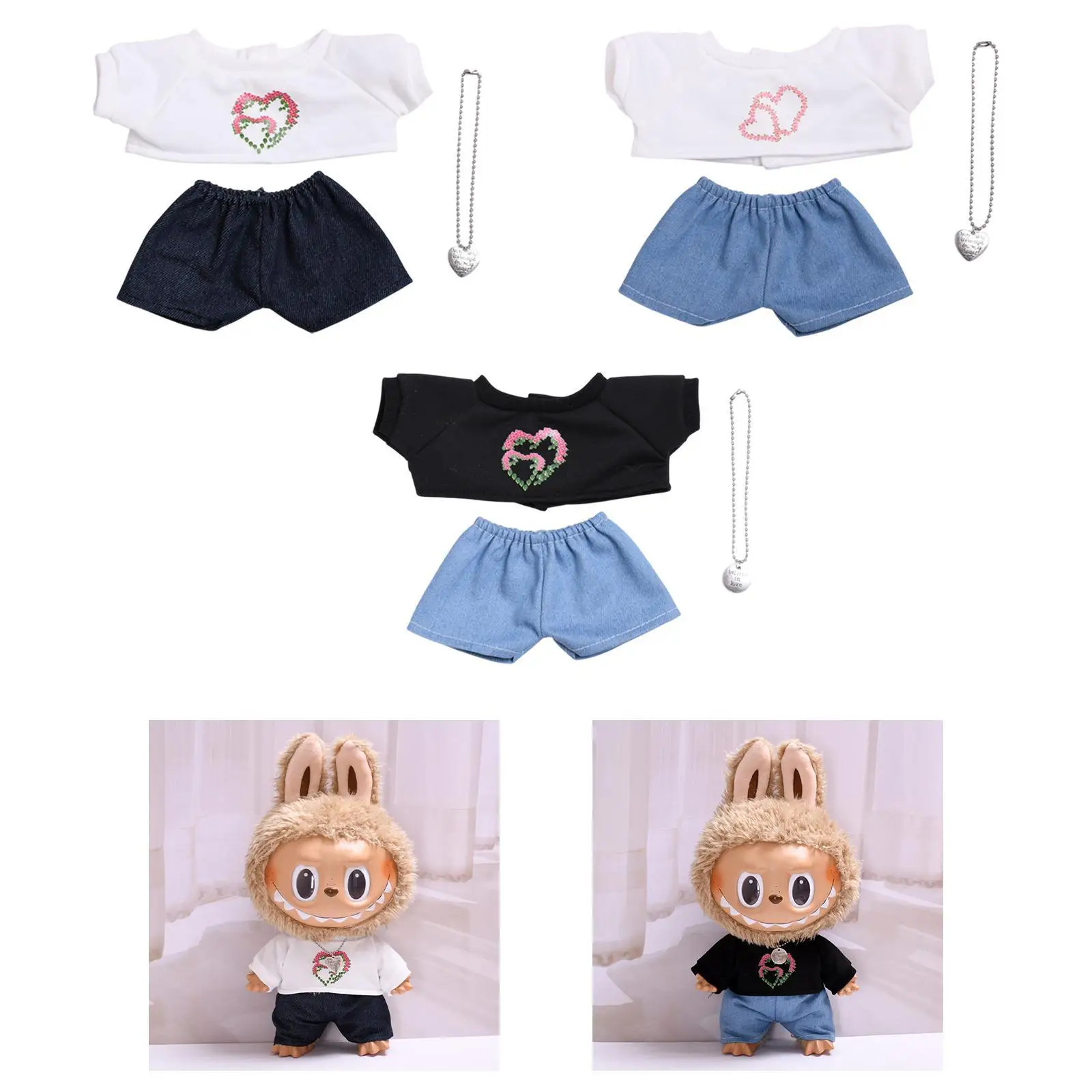 3Pcs Dolls T Shirt And Pant Necklace, Handmade Clothing Outfits Costume for 38cm Dolls