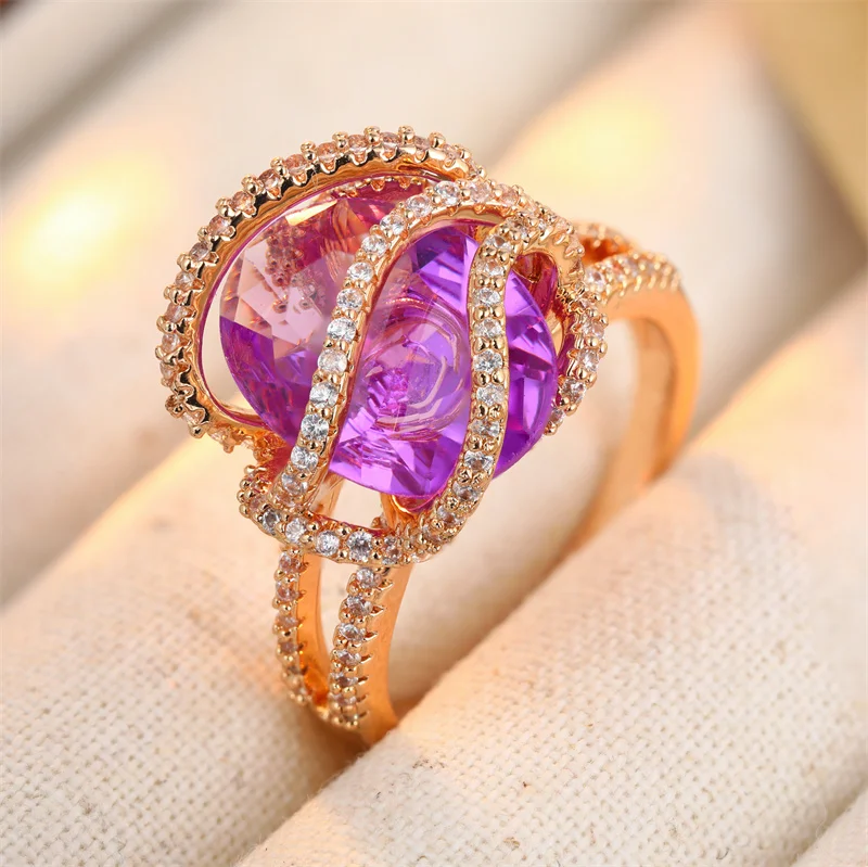 Luxury Inlaid Purple White CZ Women's Ring Trendy Gold Color Geometry Daily Wear Party Jewelry Anniversary Gift