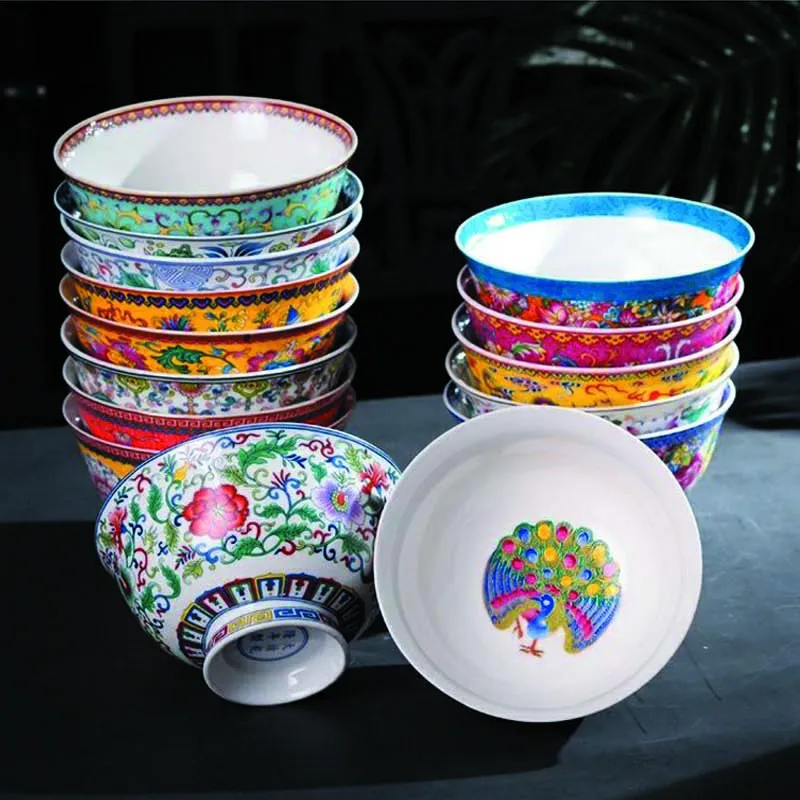 1 Pcs Chinese Jingdezhen 5 inch Noodle Bowl Famille Rose Porcelain Gold Edged Auspicious Design Bowl Decorative Tableware