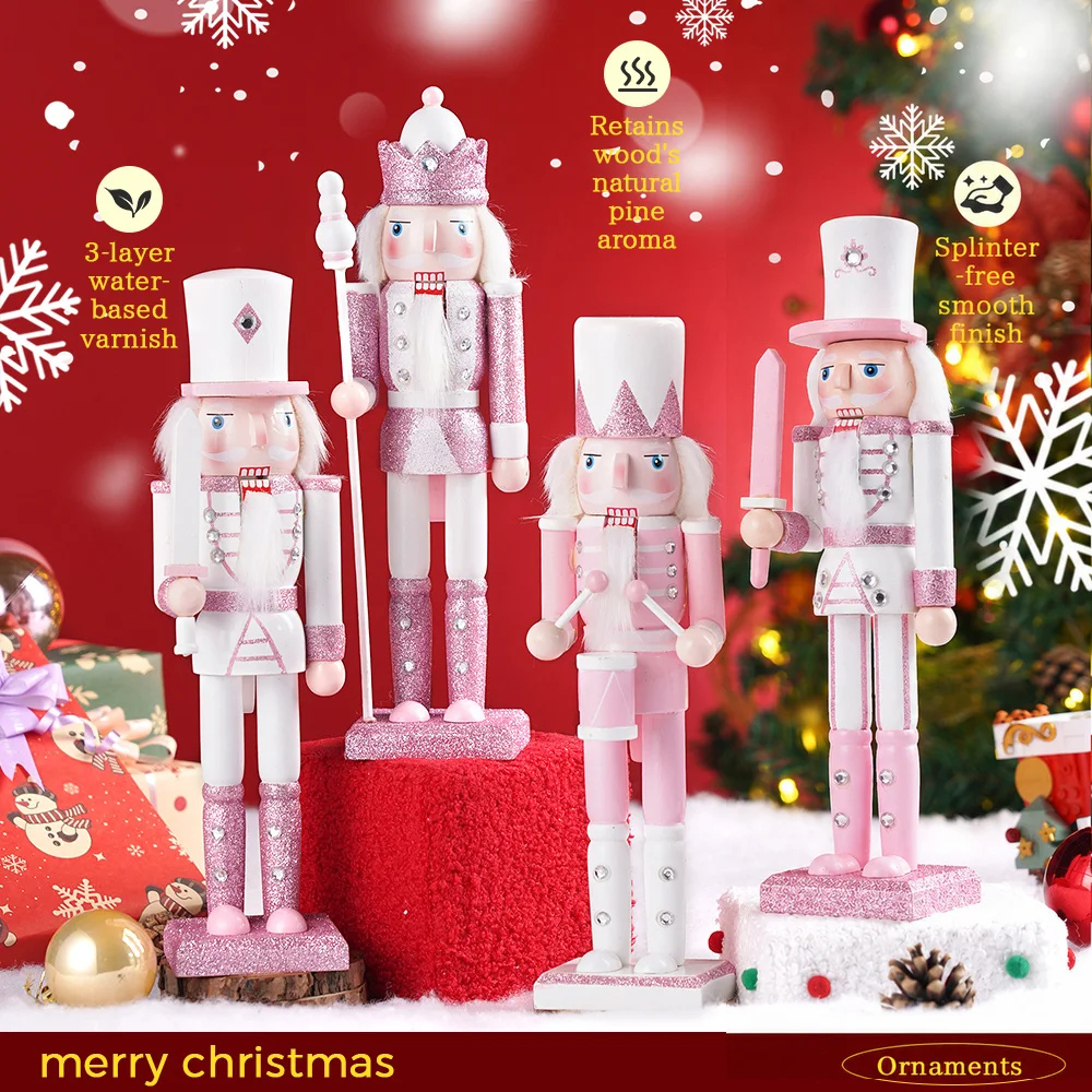 30CM Wooden Nutcracker Solider Figurine Puppet Pink Glitter Soldier Doll Toy Handcraft Ornament Christmas Home Office Decoration