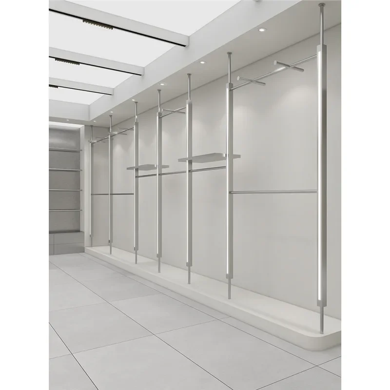 Clothing store display rack Wall-mounted stainless steel clothes rack column with lamp Men's and women's clothing store