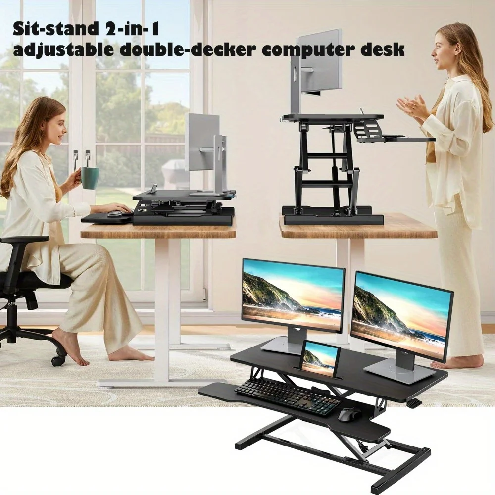 Height and Width Adjustable, Sit-Stand Dual-Purpose, Double-Layer Standing Desk, Desktop Workstation for Laptops