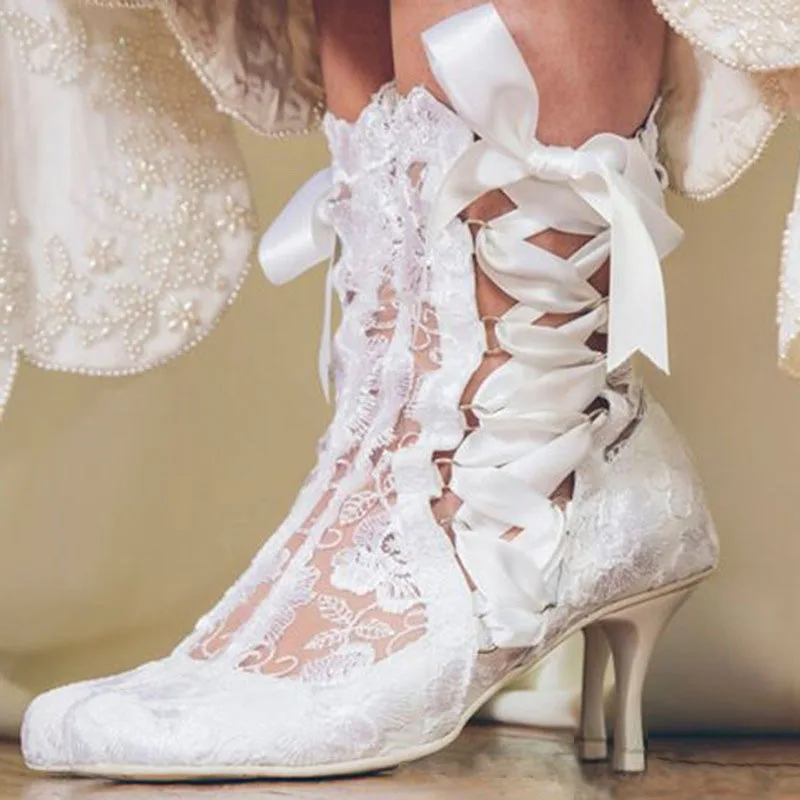 Romantic Floral Lace Ribbons Bandage Ankle Boots Women High Heel Wedding Boots Beauty Flower Lace Mesh Prom Ball Short Booties