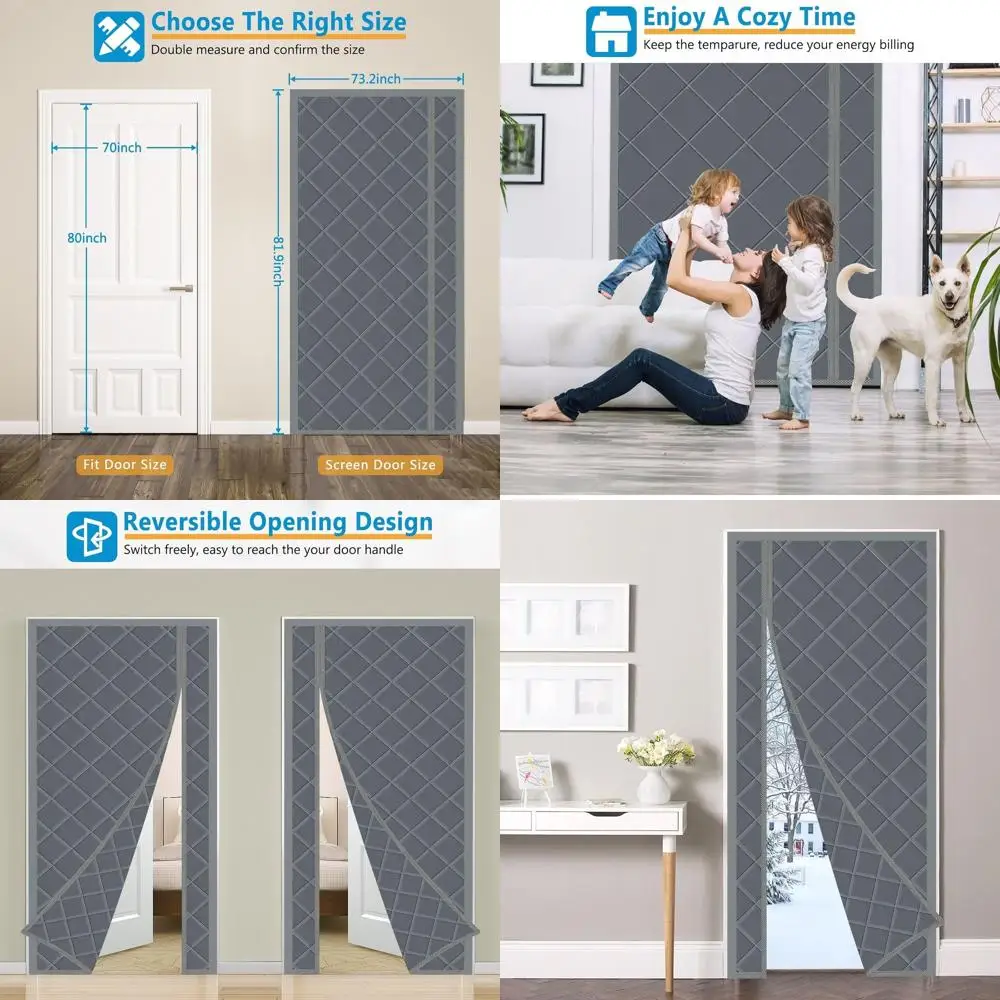 

Thick Insulated Door Curtain, 70x80 Inch, 74x82 Waterproof Winter Cover, Side Opening, Gray