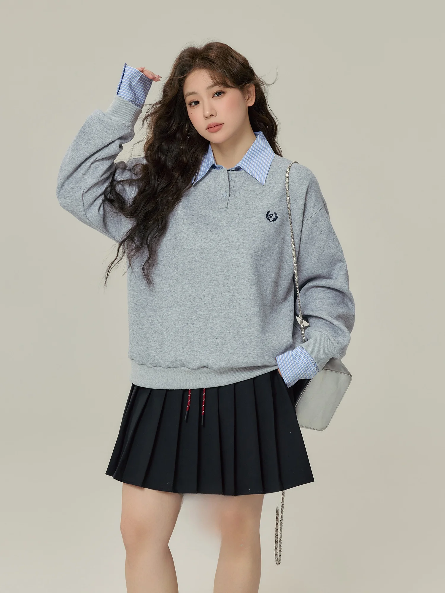 

Женская толстовка Monika больших размеров с флисовой подкладкой, с воротником и полосатым узором, имитирующая комплект из двух предметов, повседневная, удобная, в стиле свитшота