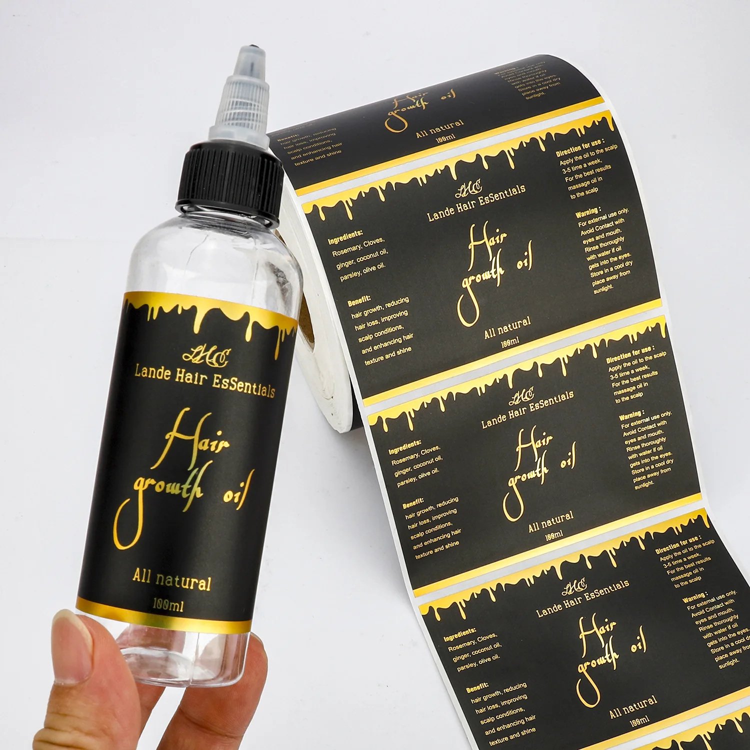 Customized Gold Foil Growth Hair Oil Black Stickers Printed Waterproof Dropper Bottle Packing Labels Personalized Cosmetic Label