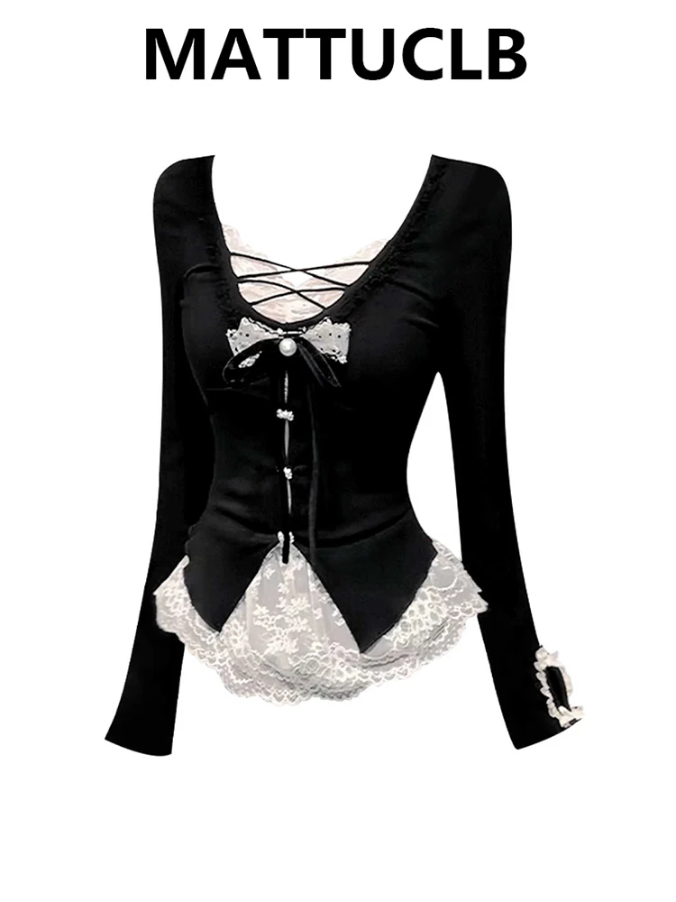 

Весенняя женская футболка Shoujo Girl Fake Two Pieces Top 2000-х Эстетическая балетная футболка Корейские футболки Coquette Gyaru Y2k Kpop Bow New In