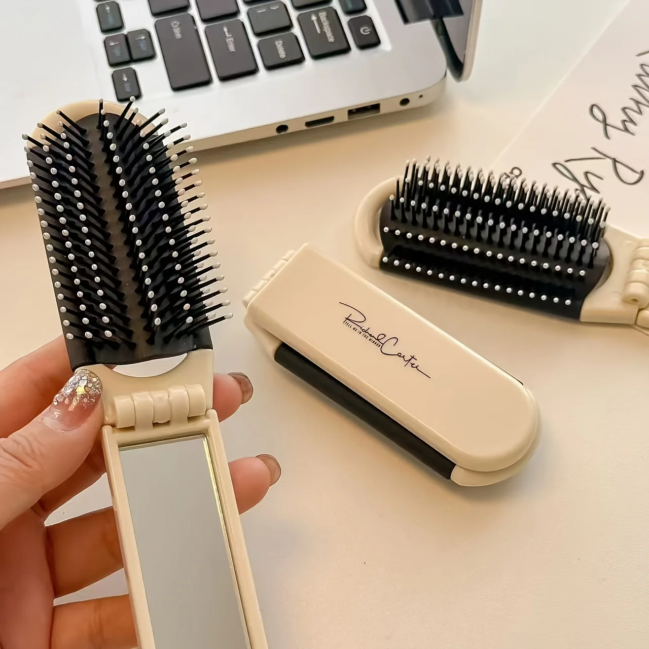 1PC Portable Foldable Hair Brush with Small Mirror  Anti-Static Mini Comb with Extendable Mirror, Compact Travel Size, Suitable for All Hair Types