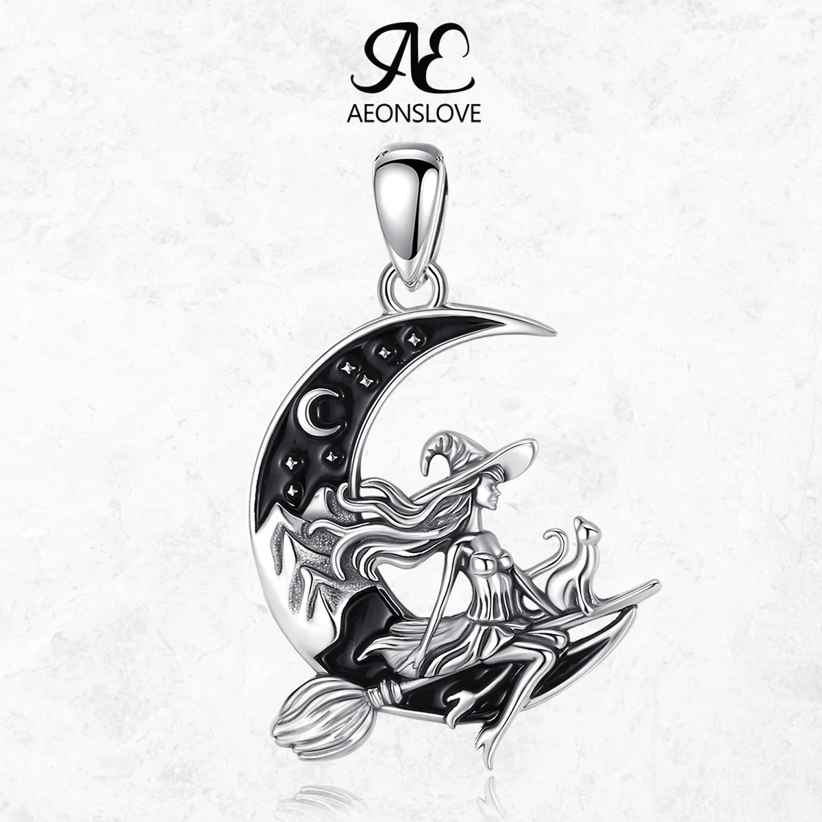 

AEONSLOVE 925 Sterling Silver Witch Broom Necklace Crescent Moon Black Cat Pendant Wicca Pagan Jewelry Party Gift for Women Men