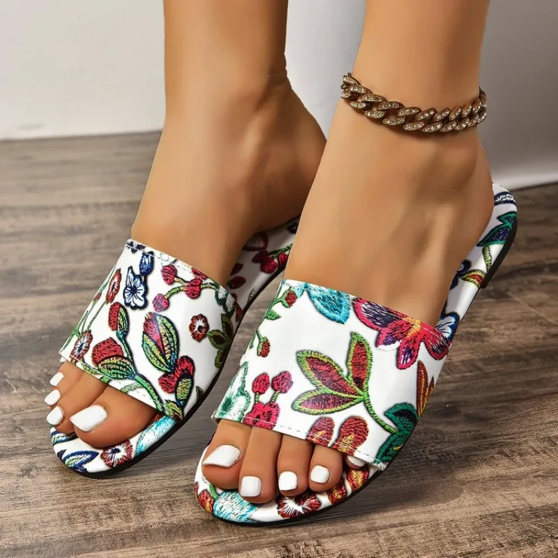 

Женские тапочки высокого качества больших размеров, уличные пляжные тапочки, женские сандалии на плоской подошве с принтом и открытым носком, Zapatillas Mujer