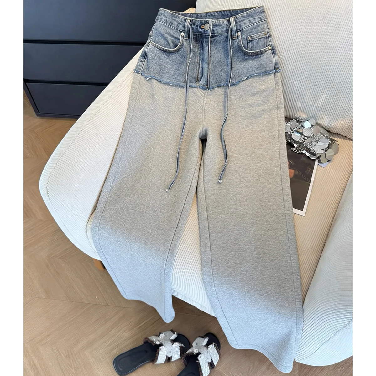 Splicing Jeans for Women & Men Autumn Loose Vintage Casual Pants American Style High Street Personalized Wide Leg Trousers
