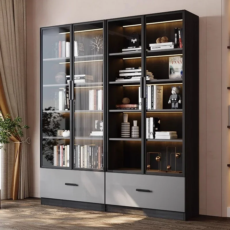 Modern Glass Bookshelf Mini Minimalist Italian Bookcase Study Door Shelf Display Cabinet Lamp