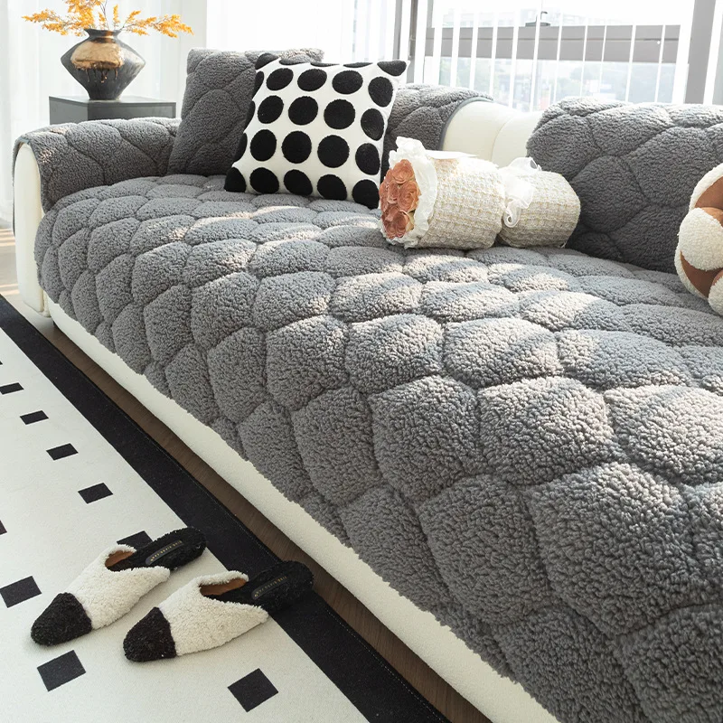 Plush Cotton Sofa Cushion Thickened Winter-Warm Sofa Cover Straight-Seam Anti-Slip Leather Sofa Slipcover