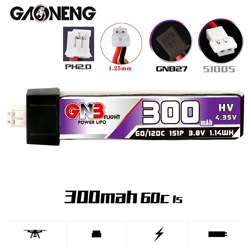 

GAONENG GNB 1S 300mAh 3,8 V 60C HV Lipo батарея PH2.0/1,25/GNB27/51005 Plug для US65 UK65 Inductrix Beta65S Tiny Whoop Drone