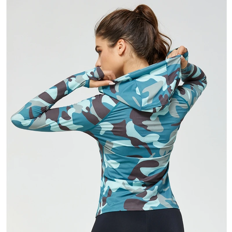 High Quality Womens Hooded T Shirt Camouflage Long Sleeve Thumb Hole Running Tees Girls Gym Workout Tops Hooded Sweatshirts