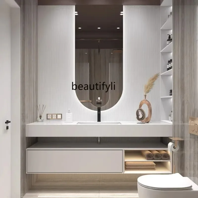 C85 Light Luxury Solid Wood Stone Plate Bathroom Cabinet Combination Whole Washbin Double-Layer Intelligent Washstand Sink