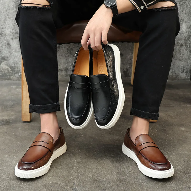 New 2023 Summer Men Casual Slip On Dress Shoes Black Brown British Style Platform Men Driving Loafers Shoes