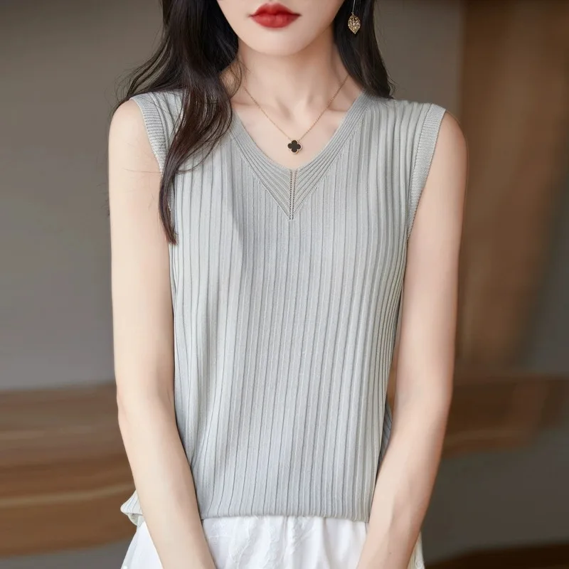 رقيقة الحرير الجليد حزام سترة المرأة الصيف ملابس خارجية محبوك التخسيس V-Ne Svel أعلى عادية Sle لون نقي Faionable #1