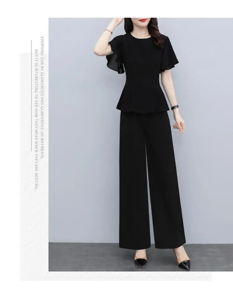 

Women's Fashion Two Piece Set Summer New Black Slim Fit Chiffon Blouse And High Waist Wide Leg Pants Outfit