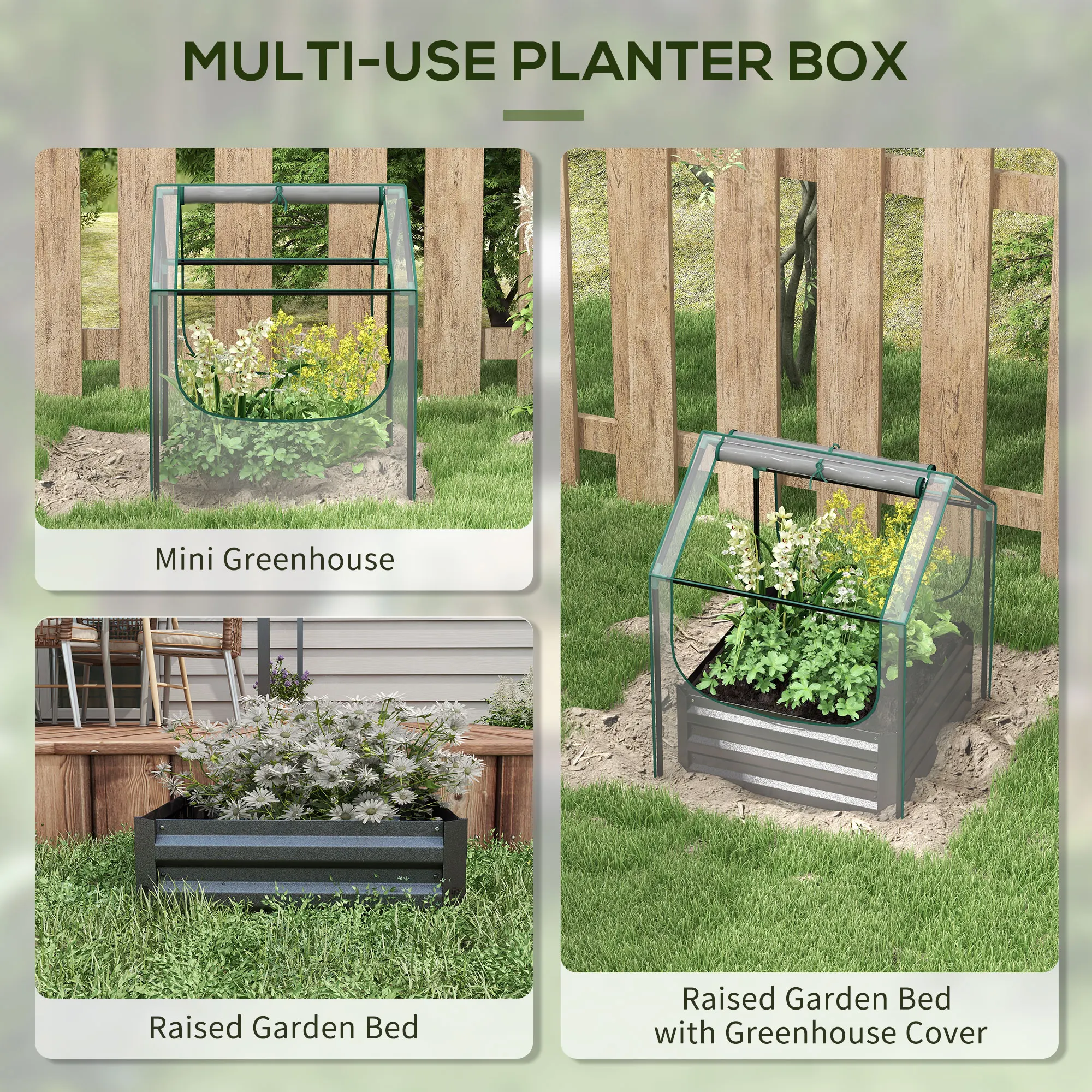 Raised Garden Bed with Greenhouse, Planter Box with Cover, Clear and Dark Grey