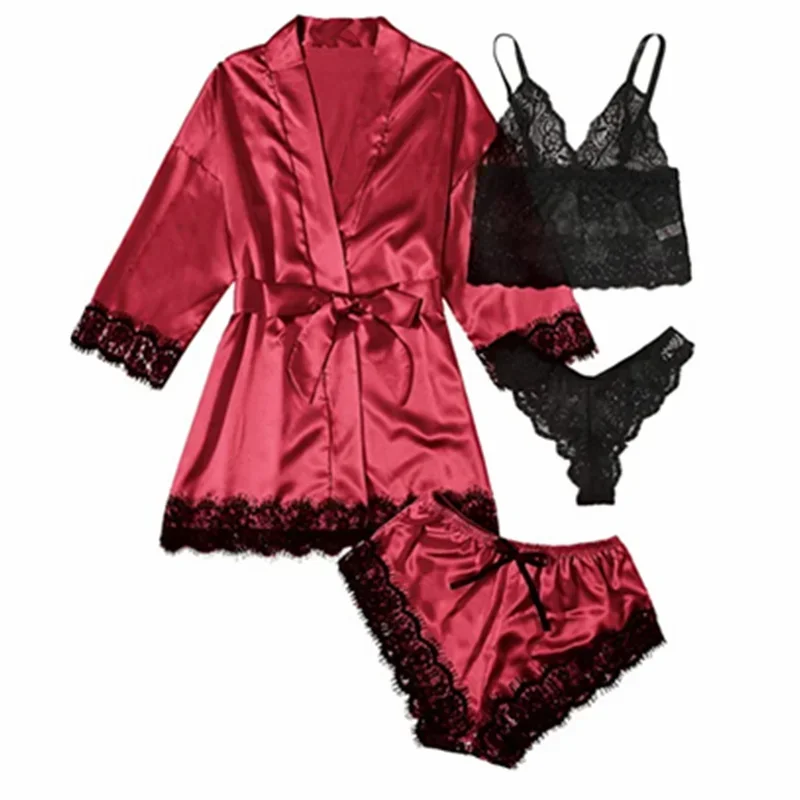 Women Silk Lace Robe Dress Babydoll Nightdress Sleepwear Kimono 4 Pcs Pajiamas Set Women Fashion Sexy Lingerie