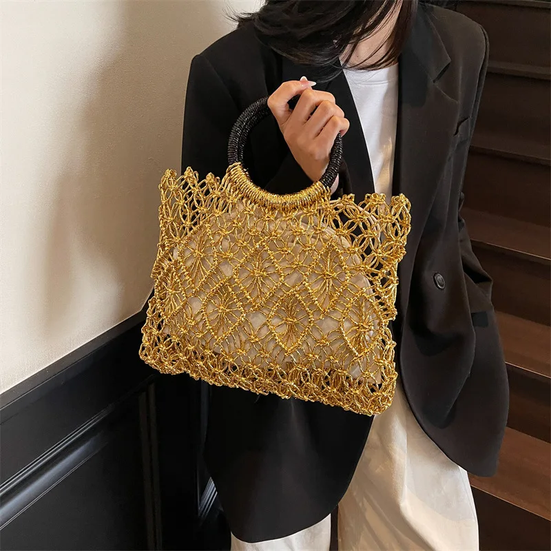 Handmade Woven Design Round Handle Handbags For Women Eco-friendly Craft Paper Hollow-out Luxury Designer Top-handle Bags