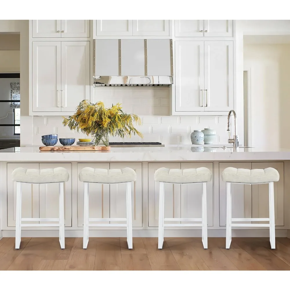 

White & Beige Counter Height Bar Stools Set of 4 for Kitchen Counter Modern Backless Barstools with Upholstered Faux Leather Sea