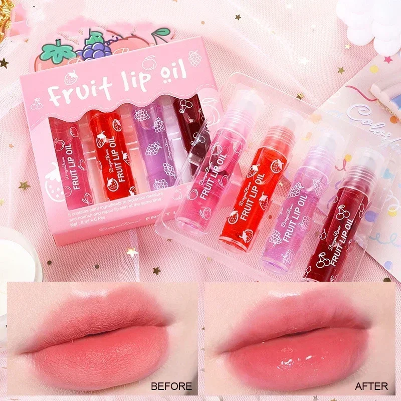 Lip Oil Roller Bead Moisturizing Fruit Liquid Lip Gloss for Makeup 4Pcs Box Portable Hydrating Nourishing Daily Use