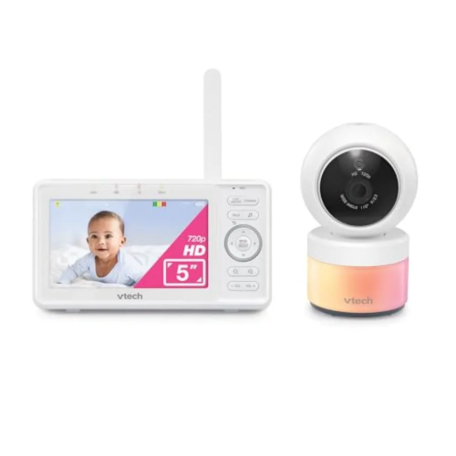 

Видеоняня VTech с камерой и аудио, 5-дюймовый HD LCD-экран, белая, с функциями панорамирования, наклона и зума, двусторонняя связь, режим VOX, ночник, колыбельные, S