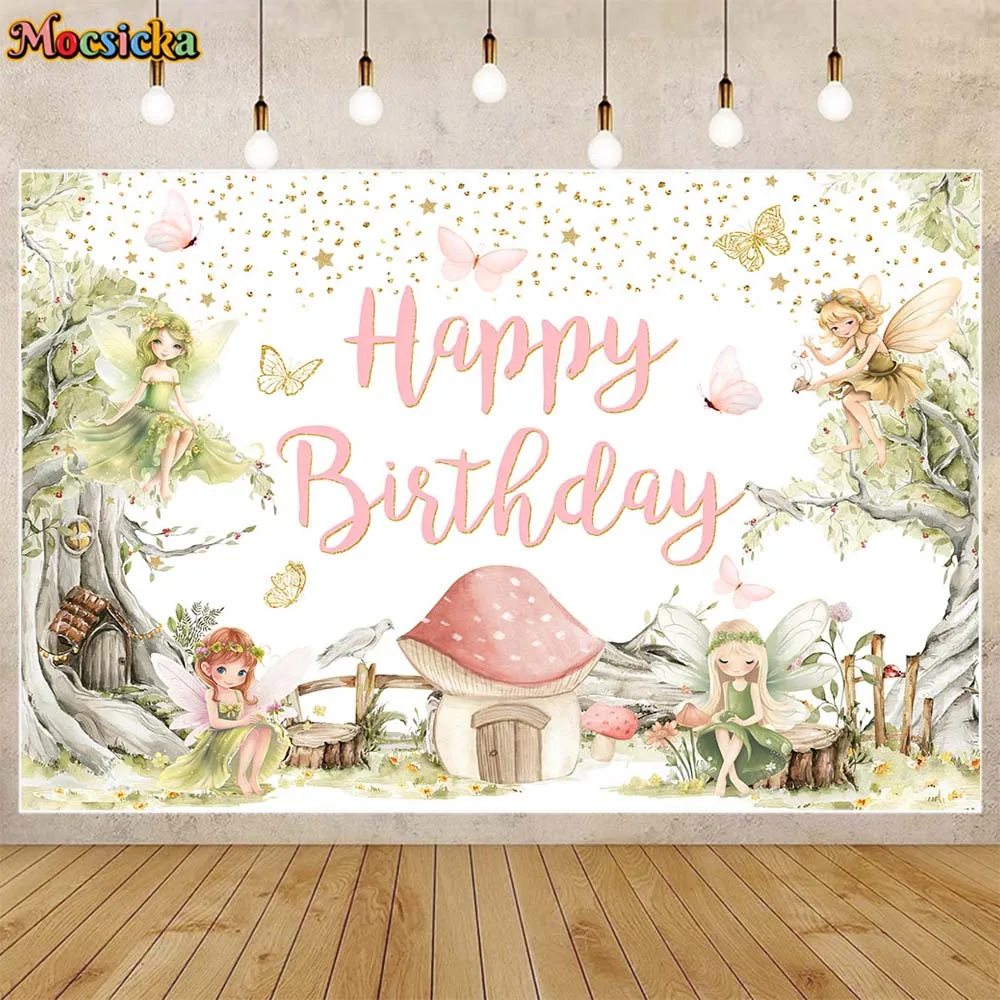 

Mocsicka Girl Birthday Backdrop Butterfly Fairy Forest Mushroom House Kids 1st Birthday Party Decoration Background Photo Studio