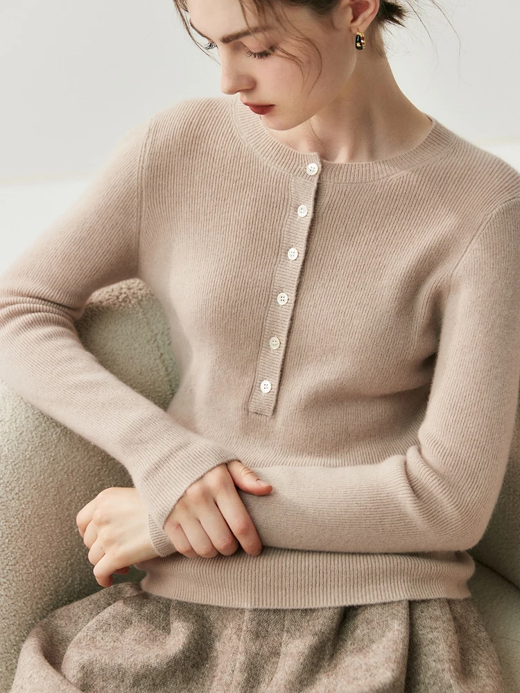 

TLOML Women 100% Cashmere Sweater O-neck Half Buttons Pullover Autumn Winter Soft Slim Cashmere Knitwear Basics Office lady Tops