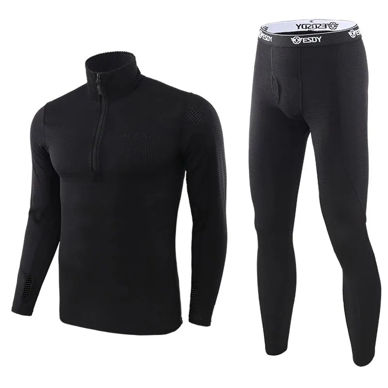 Men Checkered Fleece Tactical Training Thermal Sets Elastic Underwear Outdoor Cycling Suit Quick Dry Clothes Fitness Tracksuits