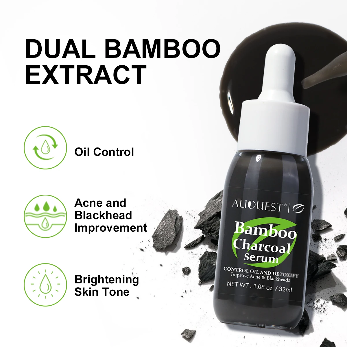 AUQUEST Bamboo Charcoal Face Serum Oil Control Blackheads Remover Brightening Hyaluronic Acid Facial Serum Skin Care