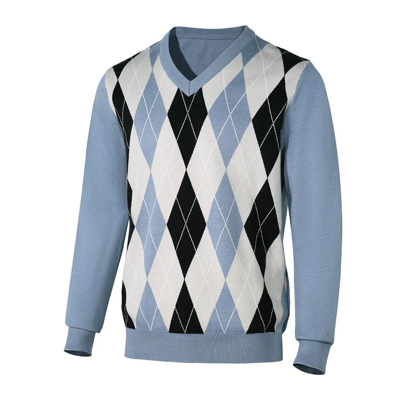 LVLAEA Jacquard a cuadros para hombre, ropa de calle de invierno y otoño, camisa de manga larga con cuello en V Y2K, Jersey de punto a la moda para hombre