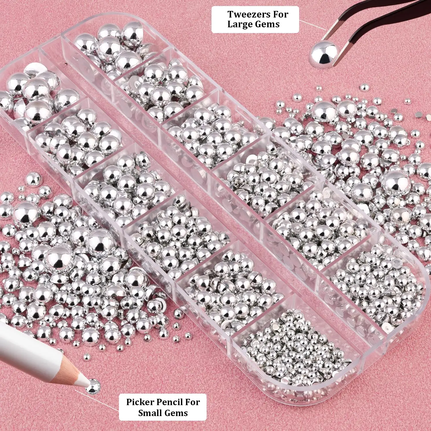 

12Grids 3D Silver Half Round Pearls Nail Charms+ 2Tools 2-8mm Pearl Caviar Nail Art Decorations DIY Punk Cool Manicure Accessory