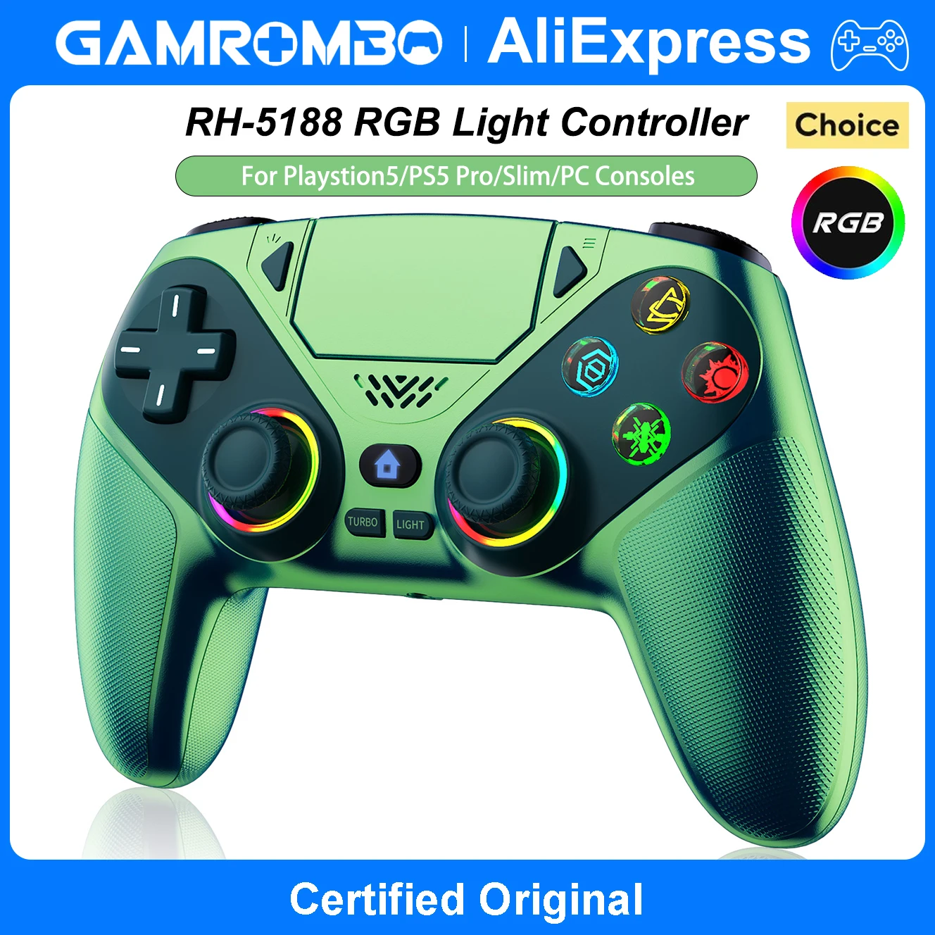 

GAMROMBO RGB Controller for PS5/PS5 Pro/Slim/PC Consoles Wireless Gamepads Dual Vibration Marco/Turbo Function 3.5mm Audio Jack
