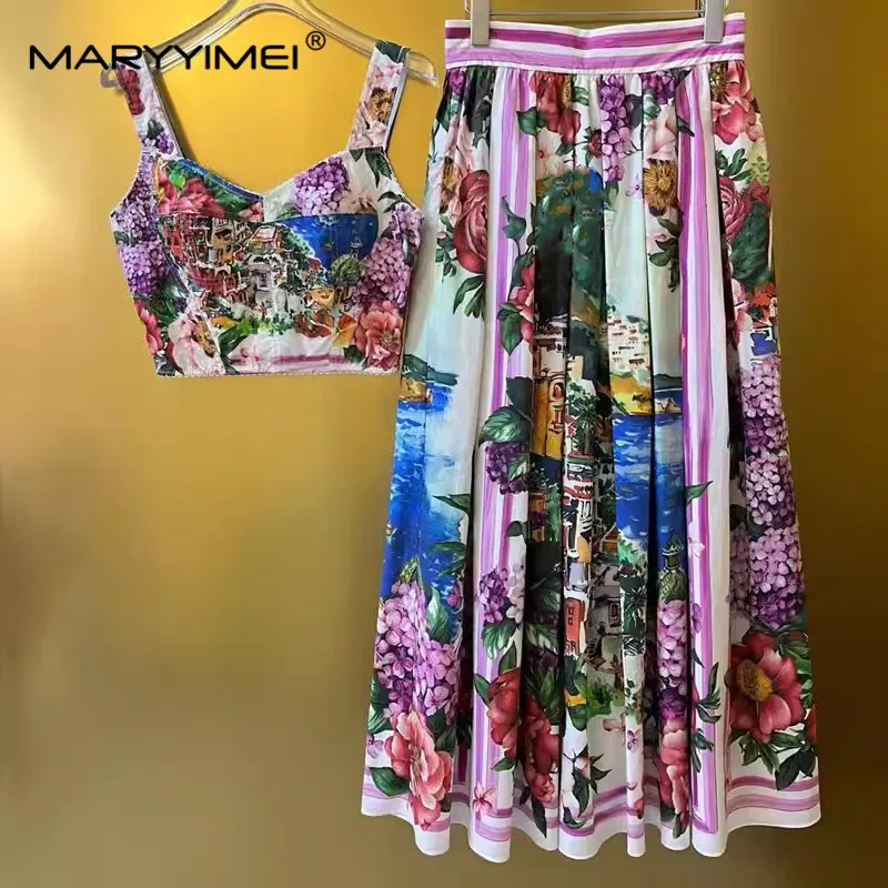 MARYYIMEI Elegant Vacation Floral Women\'s Suit Summer Spaghetti Strap Backless Slim Tops+Pleated Skirt Print Cotton 2 piece set