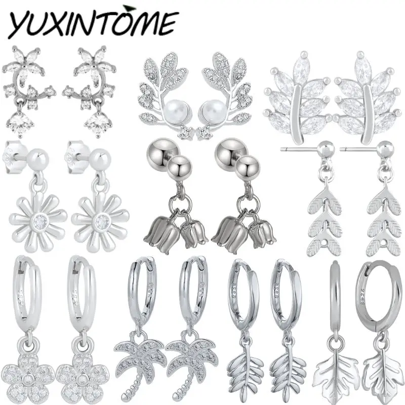 

925 Sterling Silver Needle Sweet Small Fresh Irregular Floral Leaf Zircon Hoop Earrings Women Fashion Wedding Earrings Jewelry