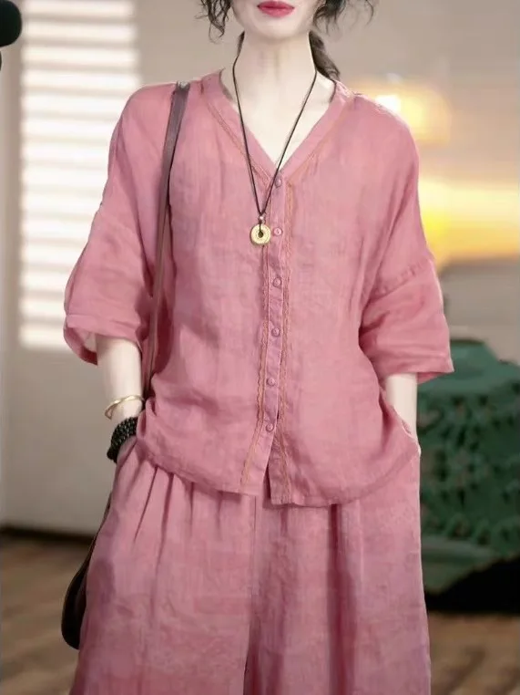 Loose Cotton Linen Set Women Summer Short Sleeve Shirt High Waist Straight Leg Pants Two Piece Set Fashionable Comfortable Si...