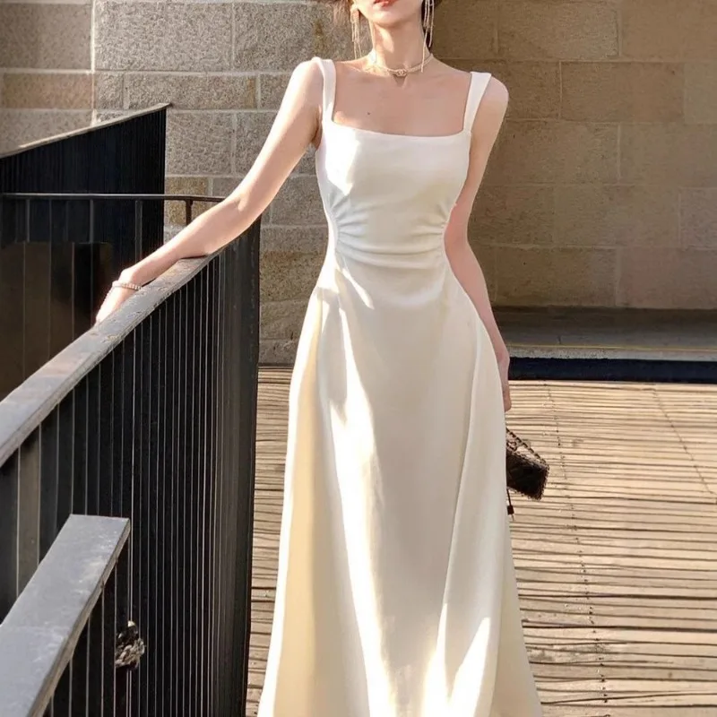 Summer Elegant Fashion Style Solid Simple Square Collar Women Tank Dress Medium-Length Ruched Waist-Fitted Women Vest Dress