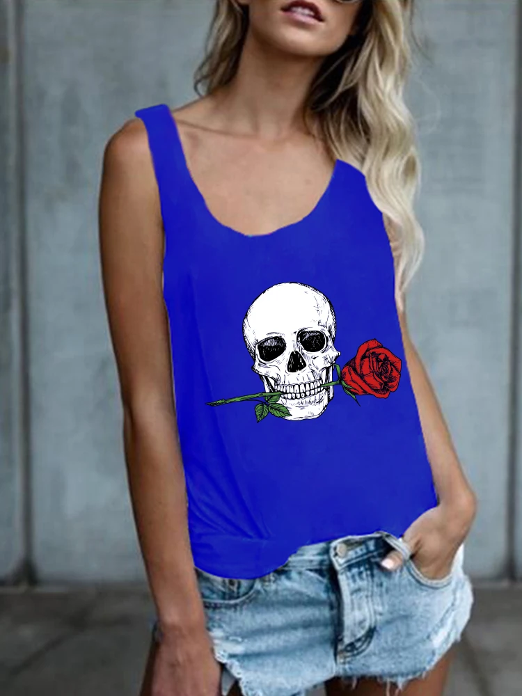Loose Summer Skulls Tee Shirt Vintage Crew Neck Y2k Women 90s Tops Clothes Femme Skull Rose Print Funny Tank