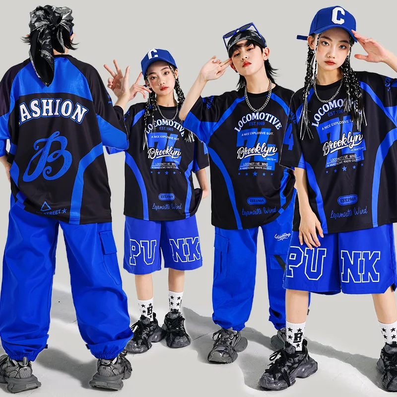 Boys Hip Hop Contrast T-shirt Vest Cargo Pants Street Dance Shorts Girls K-pop Jazz Costume Children Clothes Set Kids Streetwear