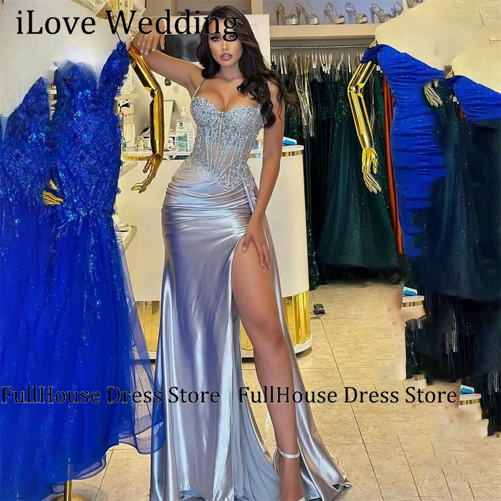 

Glitter Silver Formal Dress Spaghetti Strap Sequins Pleat Sweetheart Split Special Occasion Dress for Woman Customized