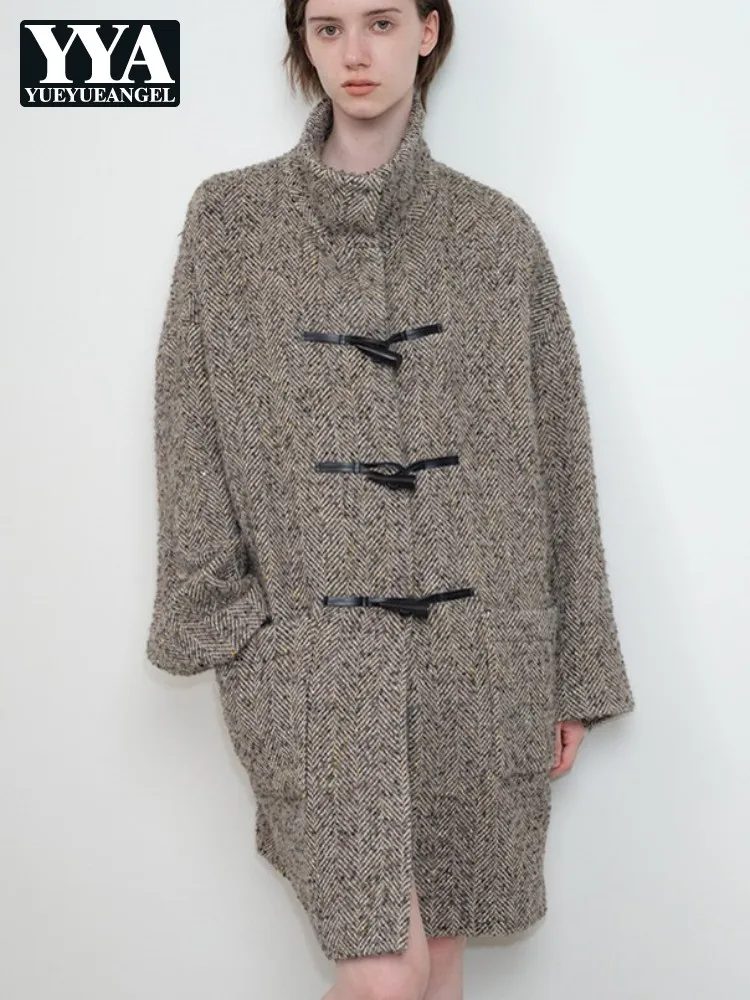 Vintage Women Wool Coat Stand Collar Horn Button Loose Fit Preppy Style Street Casual Medium Long Autumn Winter Overcoat Female