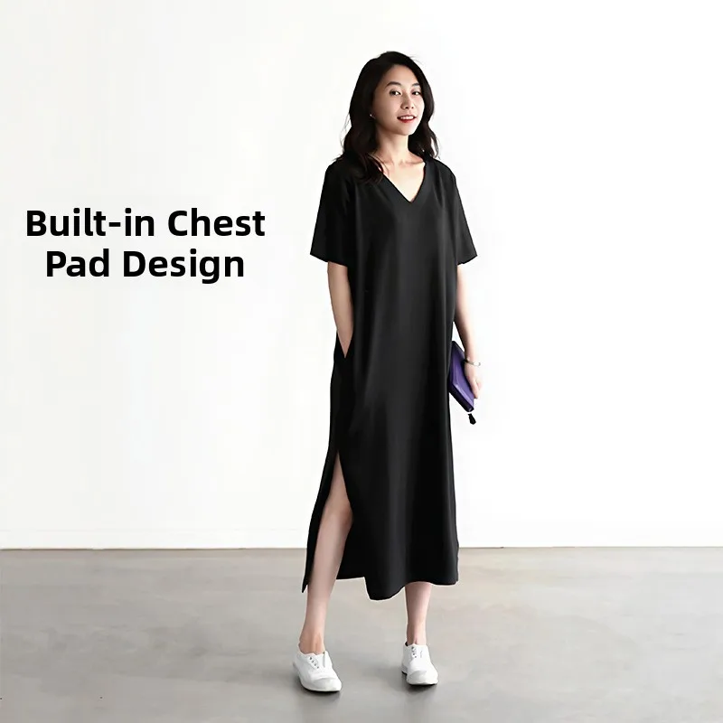 Women's Modal Sleep Dress with Chest Pad Long Short Sleeve Home Leisure Comfortable Breathable V-neck Summer Dress