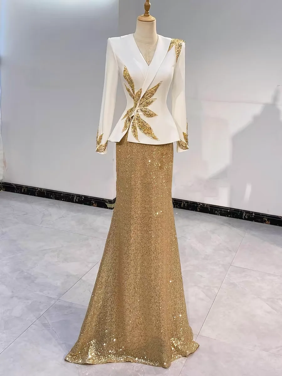 

Золотое вечернее платье с пайетками для выступлений на сцене, экзаменов по искусству, длинное, с завышенной талией, в пол