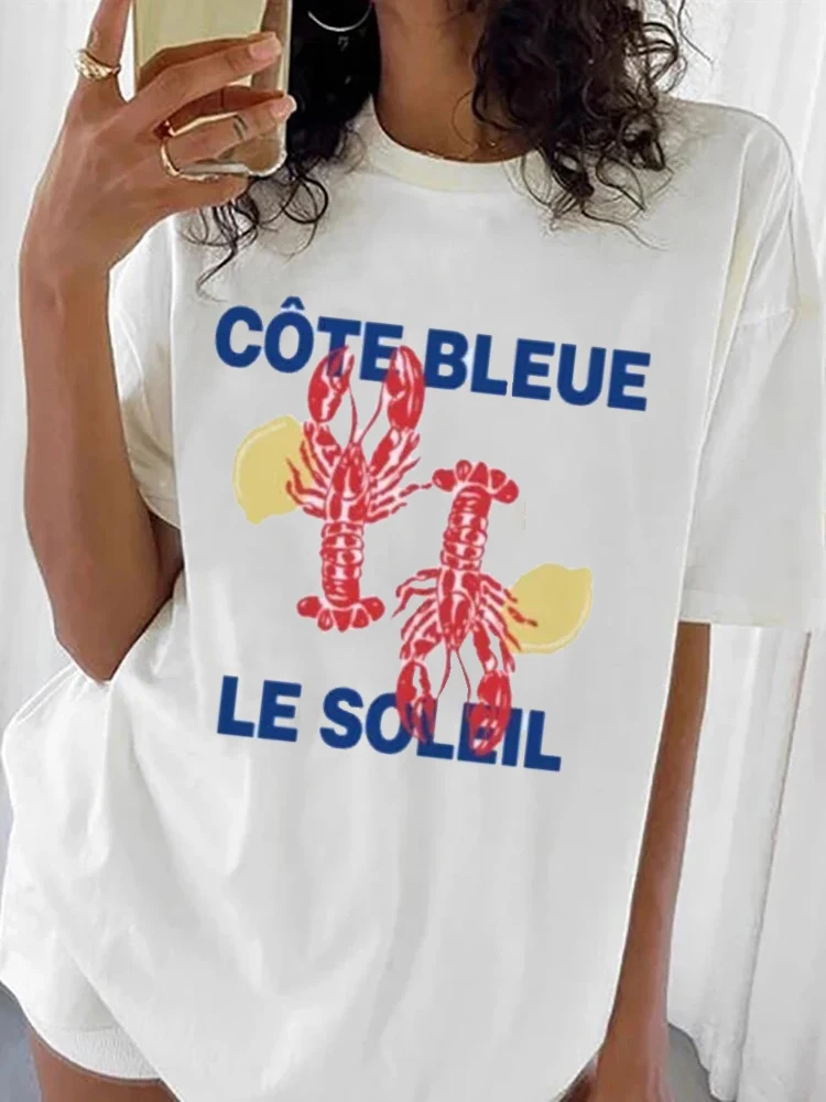

Cute Lobster Graphic Tees Women Retro Aesthetic Seafood T Shirt Loose Cute La Dolce Vita Shirt Coastal Short Sleeve Tops Y2k